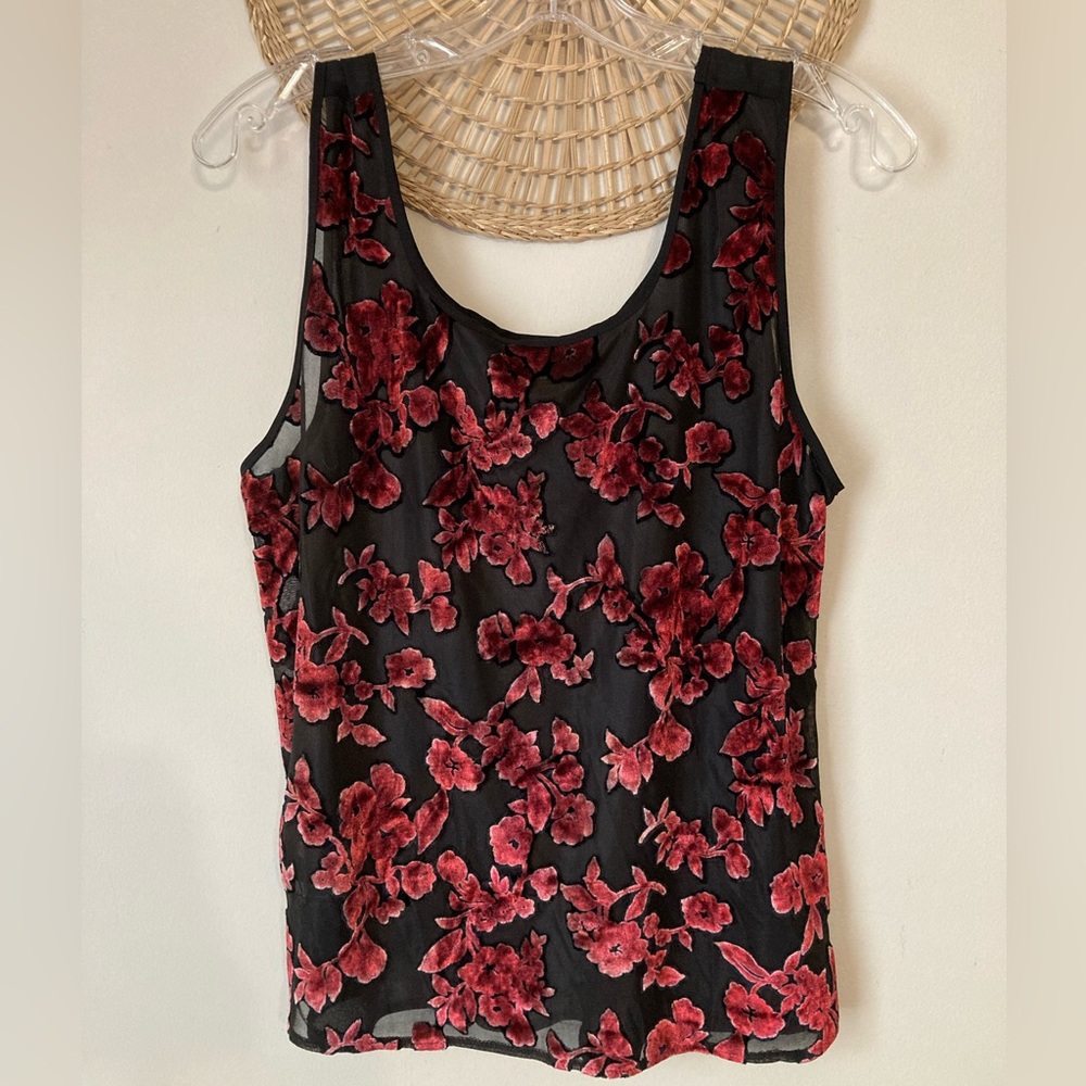 Black red floral velvet burnout lingerie chemise tank top shirt sheer goth